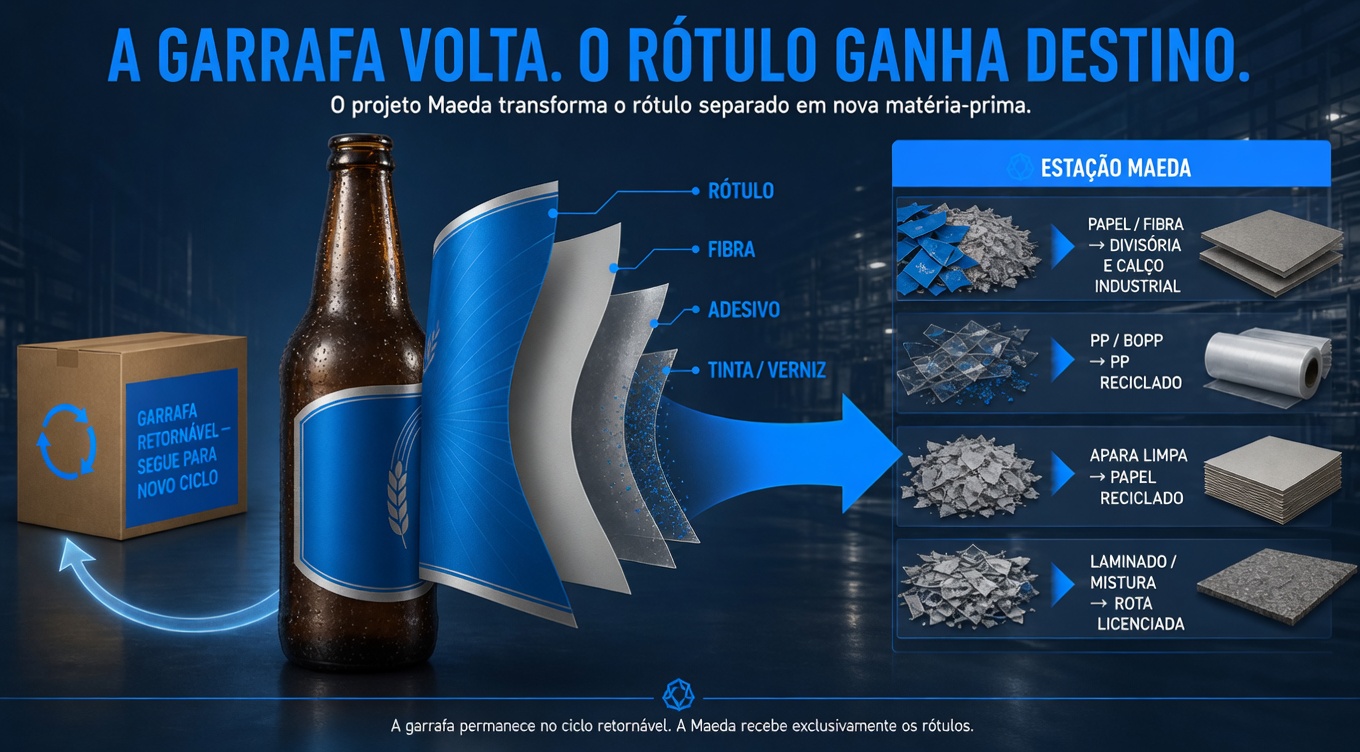 O gerador devolve a garrafa ao ciclo. O pátio recebe só o rótulo já removido.