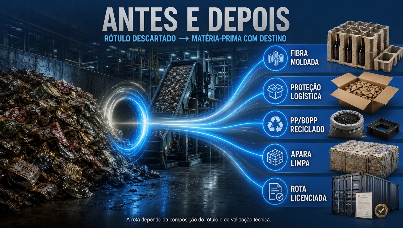 Antes e depois: pilha de rótulos transformada em fibra moldada, proteção logística, plástico reciclado e destinação licenciada.